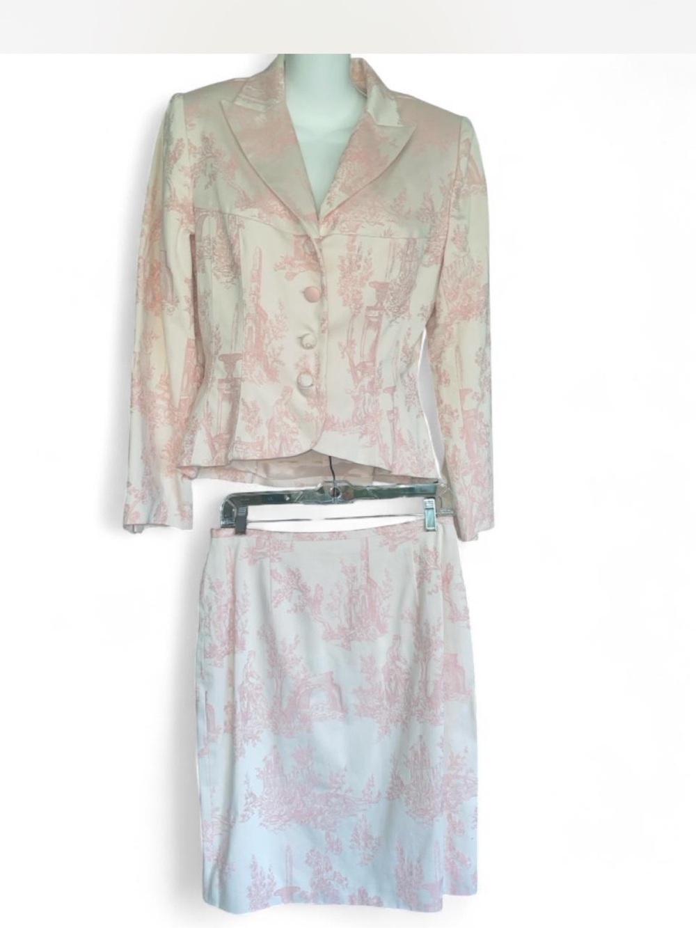 Talbots Petites Vintage Pink White Toile Print 2-Piece Skirt Suit Set Size 10P